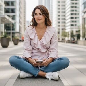 Rachel Parcell Wrap Front Ruffle‎ Blouse Light Pink Cotton Blend XS
